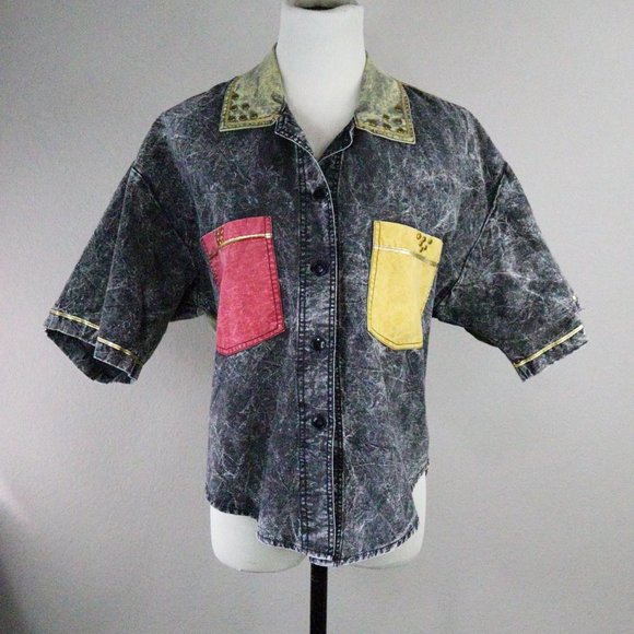 80's Acid Wash Vintage Button Down Two Tone Shirt Stranger Things Style - Picture 2 of 9